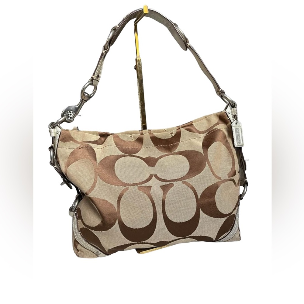 COACH Khaki & Metallic Signature Carly Shoulder Bag